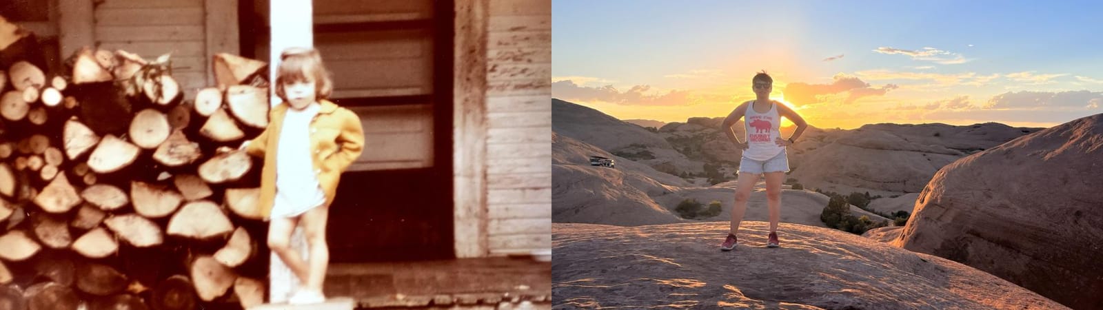 Left: A small-town girl with firewood and hand on hip. Right: The same woman, now a solo traveler, on sunset-lit slickrock—strong, adventurous, transformed.